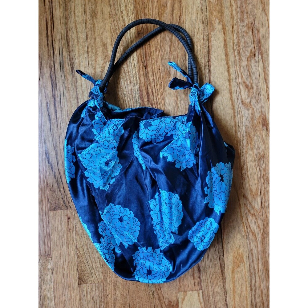 Vintage Y2K Old Navy Floral Satin Hobo Bag Blue Black Slouchy Shoulder Tote
